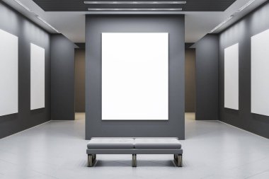 Temiz karanlık duvarları, modern bankları ve parlak ışıklandırmaları olan boş beyaz posterli çağdaş galeri odası. Boş tasarım modeli kavramı. 3B Hazırlama