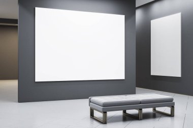 Modern bir galeri odasında boş bir tuval modeli, temiz duvarları, yumuşak ışıklandırması ve markalaşma veya sanat sergisi için ideal bir tasarım tezgahı var. 3B Hazırlama