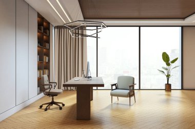 Ahşap masa, yumuşak sandalyeler, yerleşik raflar, yer bitkisi ve panoramik şehir arka planı olan çağdaş ofis, verimlilik kavramı. 3B Hazırlama