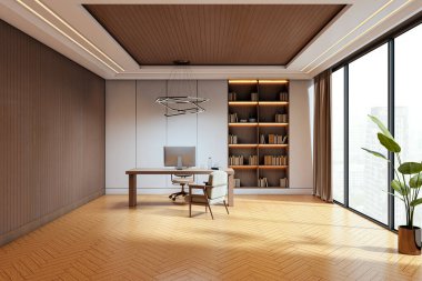 Çağdaş ofis, parlak masa, rahat sandalye, kitaplık, ahşap iç döşemede kolye ışığı, parlak arka plan, yaratıcı çalışma alanı kavramı. 3B Hazırlama