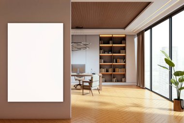 Ahşap zemin, modern masa, kitaplık ve büyük pencereler ve markalaşma konseptiyle kahverengi duvarda boş dikey poster modeli. 3B Hazırlama