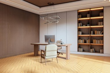 Ahşap masası, modern koltuğu ve ışıklandırılmış ahşap zemin zeminli kitaplığı olan çağdaş bir ofis. Yaratıcı çalışma alanı kavramı. 3B Hazırlama