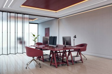 Kırmızı sandalyeleri ve masası olan çağdaş bir ofis, parlak arka planda parlak bilgisayar düzeneği, minimalist dekor ve aydınlık ahşap zemin. 3B Hazırlama