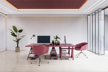 Kırmızı masalı ve sandalyeli çağdaş ofis, modern ışıklandırma, bitki dekoru, ve en az yaratıcı çalışma alanı olan ahşap zemin. 3B Hazırlama