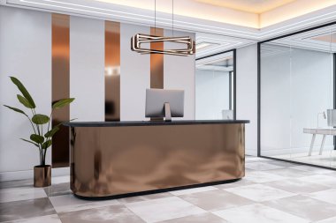 Modern tavan lambası, mermer zemin ve temiz iş arka planına sahip bronz ofis resepsiyon masası. 3B Hazırlama