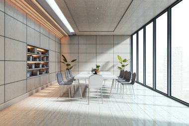 Gösterişli modern ofis konferans odası ahşap duvarlar, minimum mobilyalar, doğal ışık arka planı, çalışma alanı tasarımı konsepti. 3B Hazırlama