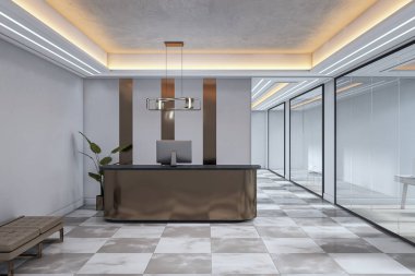 Metalik kaplamalı şık ofis resepsiyonu ve modern iç dekorasyonlu cam duvarları ve mermer zemini olan ortam aydınlatması. 3B Hazırlama