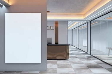 Modern ofis koridorunda, cam duvarları, mermer zemini ve çevre aydınlatması olan gri duvarda boş dikey poster modeli var. 3B Hazırlama