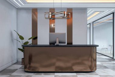 Modern ofis içinde minimalist resepsiyon masası modeli. Bronz aksanlı, mermer zeminli ve soyut arkaplanı temiz. 3B Hazırlama