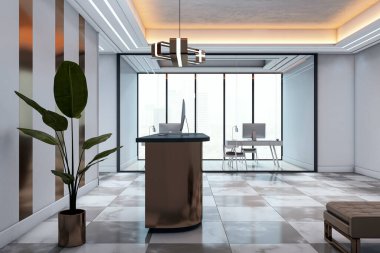 Zarif ofis resepsiyon lobisi, parlak fayanslar, şık ışıklandırma ve modern şirket içinde minimalist mobilyalar. 3B Hazırlama