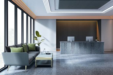 Masası, kanepesi ve şehir manzarası olan modern ofis resepsiyonu uzun pencerelerden temiz çizgileri ve çevre aydınlatması olan modern iç mekan konsepti. 3B Hazırlama