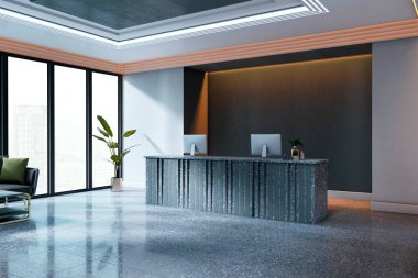 Parlak granit masa, modern bilgisayarlar ve geniş pencereli resepsiyon alanı. Şirket içi ofis içinde hafif ışıklandırma altında. 3B Hazırlama