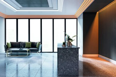 Terrazzo döşemeleri, mermer adası, büyük pencerelerden güneş ışığı, sıcak ortam ışığı olan zarif bir oturma odası. 3B Hazırlama