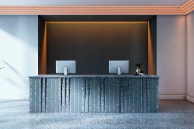 Terrazzo yüzeyi olan çağdaş kabul masası, boş bilgisayar monitörleri, temiz modern iç mekan, markalaşma için boş duvar arka planı. 3B Hazırlama