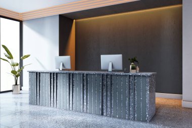 Terrazzo desenli şık bir resepsiyon masası, iki monitör, çevre tavan ışıklandırması, ve modern ofis lobisinde saksı bitkileri. 3B Hazırlama