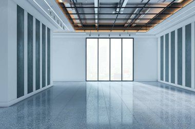 Cilalı zemini ve geniş penceresi olan çağdaş koridor, modern tavan tasarımı, arka planda şehir manzarası. Fütürist iç mekan kavramı. 3B Hazırlama