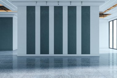 Zeminden tavana dikey çizgili duvar panelleri, temiz mimari stili, parlak zemin, parlak arka plan, yaratıcı konsept. 3B Hazırlama