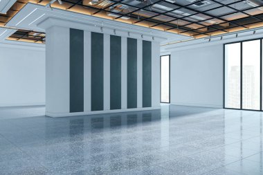 Boş modern galeri odası, çizgili duvar panelleri, cilalanmış taş zemin, ve büyük cam pencereler, parlak ışıklandırma, şehir binası arka planı, 3D oluşturma