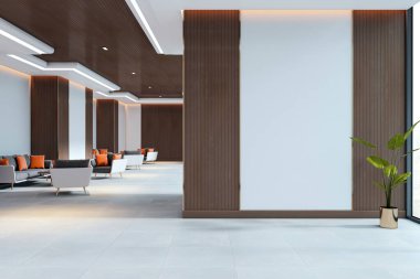 Geniş otel lobisi, modern mobilyalar, ahşap panel aksanları, tavan lambası ve şık bir arka planı var. Lüks bekleme alanı kavramı. 3B Hazırlama