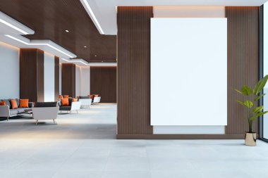 Modern salondaki ahşap duvarda boş dikey poster modeli, kanepeler ve bitkilerle temiz iç mekan, markalaşma ya da tasarım şablonu konsepti, 3D görüntüleme