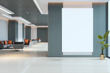 Modern lobide, kanepeler, turuncu yastıklar ve bitki, temiz tasarım konsepti, 3D Rendering ile büyük, boş poster modeli.