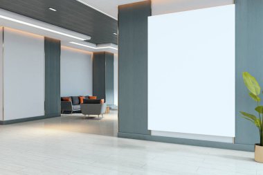 Modern ofis iç mimarisinde boş bir dikey tasarım şablonu, markalaşma konsepti için asgari dekor, kopyalanma alanı. 3B Hazırlama