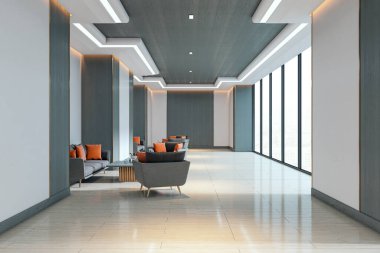 Oturma alanı ve turuncu yastıklı geniş modern koridor, çağdaş tarz, parlak iç mekan arka plan, lüks iç mekan kavramı. 3B Hazırlama