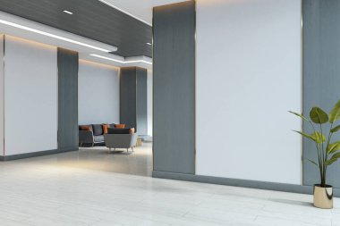 Temiz çizgileri, parlak zemini, modern dekorları ve mobilyaları olan şık iç mekanda boş beyaz duvar modeli, markalaşma şablonu için mükemmel. 3B Hazırlama