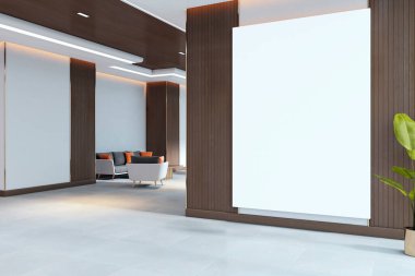 Modern lobideki tahta duvarda dikey boş tuval modeli yumuşak ışıklandırma, temiz arka plan, markalaşma veya poster sunumu konsepti. 3B Hazırlama
