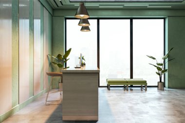 Yeşil duvarları, kolye ışıkları, masa, bitkiler ve şehir manzarasını gösteren büyük pencereli minimalist ofis resepsiyonu. 3B Hazırlama