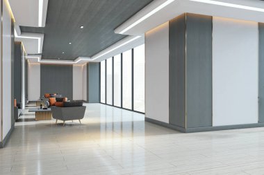 Geniş pencereli modern koridor, şık aydınlatma armatürleri ve minimalist salon içinde yaratıcı oturma alanı. 3B Hazırlama