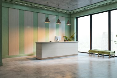 Işık masası, kolye aydınlatma ve yeşil aksan duvarlı çağdaş ofis resepsiyonu. Parlak bir şirket içinde geçiyor. 3B Hazırlama