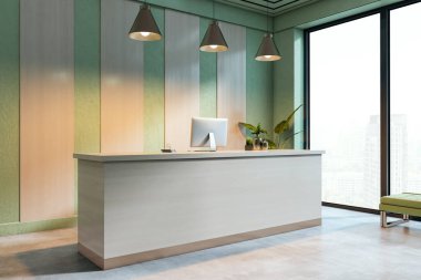 Modern ofiste parlak ışıklandırma, temiz hatlar, panoramik pencere manzarası ve yeşil duvarı olan boş resepsiyon tezgahı. 3B Hazırlama