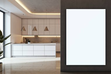 Modern bir mutfağın içinde, minimalist dolapları ve kolye lambaları olan karanlık bir duvarda boş bir poster modeli, markalaşma konsepti için temiz arkaplan, 3 boyutlu tasarım.