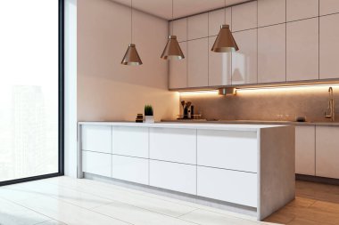 Parlak bir köşe odasında, gösterişli modern mutfak, beyaz dolap, kolye ışıkları ve şehir manzarasını gösteren geniş bir pencere. 3B Hazırlama