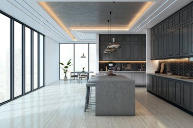 Zarif gri dolapları olan modern mutfak, minimalist ada, kolye ışıklandırması, ve zarif açık alandaki geniş pencereler. 3B Hazırlama