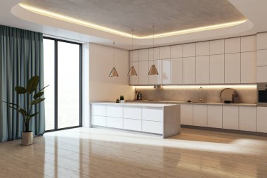 Beyaz dolap, bej renkler, ahşap zemin ve lüks bir arka planda yumuşak tavan lambası olan modern mutfak. 3B Hazırlama