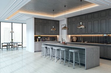 Gösterişli modern mutfak, karanlık kabin, kolye aydınlatma, ve ahşap döşeme bir apartman dairesinde, gösterişli iç mekan konsepti. 3B Hazırlama