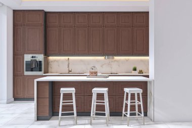 Ahşap dolaplı, mermer tezgahlı, arka kapaklı, beyaz tabureli ve iç mekandaki lüks ışıklandırmalı modern mutfak. 3B Hazırlama