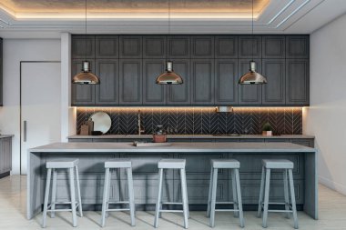 Ahşap dolapları, tabureleri, kolye ışıklandırması ve yumuşak arka planda siyah ringa kemiği olan modern bir mutfak. 3B Hazırlama