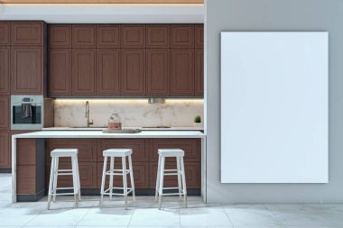 Modern mutfakta tahta dolapları, beyaz tezgahları ve tabureleri olan temiz duvarda dikey boş tuval modeli. 3B Hazırlama