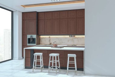 Mermer zemin ve tezgahı olan zarif modern mutfak, ahşap dolaplar, şehir manzaralı geniş pencere, ev içinde lüks konsepti. 3B Hazırlama