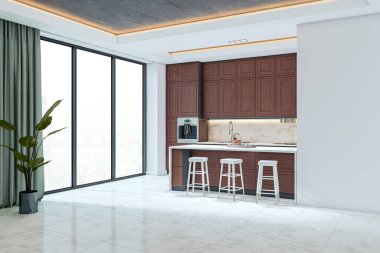 Ahşap dolaplar, mermer döşemeler ve şehir manzarasını evin arka planında gösteren büyük pencerelerle çağdaş mutfak. 3B Hazırlama