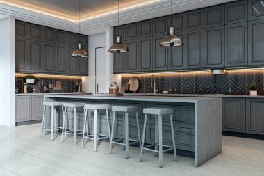 Ahşap dolaplar, kolye aydınlatma ve bar tabureleri ile modern mutfak iç dekorasyonu, şık bir odada arka planda ışıklandırma. 3B Hazırlama