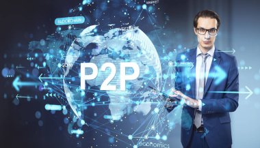 Küresel finans ve kripto para birimi kavramını gösteren, soyut mavi arkaplan üzerinde dijital P2P ve engelleme unsurlarına sahip takım elbiseli bir işadamı