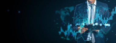 Parlak finansal tablet kullanan işadamı, modern dijital grafik tarzı, karanlık arkaplan, veri analizi ve finans kavramı
