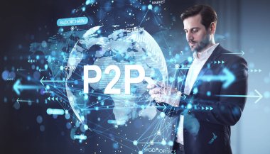 Fütürist P2P dijital finans arayüzü, soyut parlayan ağ örtüsü, mavi ışık arka planı, fintech konseptine sahip bir iş adamı
