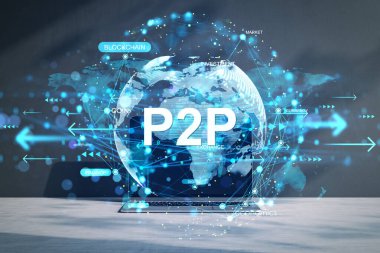 Bir dünya haritası üzerinde blockchain ve para birimi terimleri ile parlayan P2P finansal ağ grafiği, koyu arkaplanda soyut dijital tarzla gösterilir