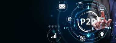 İş adamı, karanlık bir arkaplan, finans kavramı ve fütüristik dijital dokunmatik ekran kullanarak, birey-birey arası finans arayüzü ile etkileşim kurar