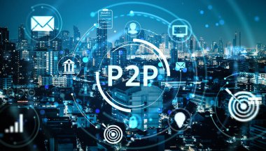 P2P fintech 'in dijital örtüşmesi ve parlayan bir şehrin arka planında eşler arası finansal işlem kavramını gösteren engelleme simgeleri